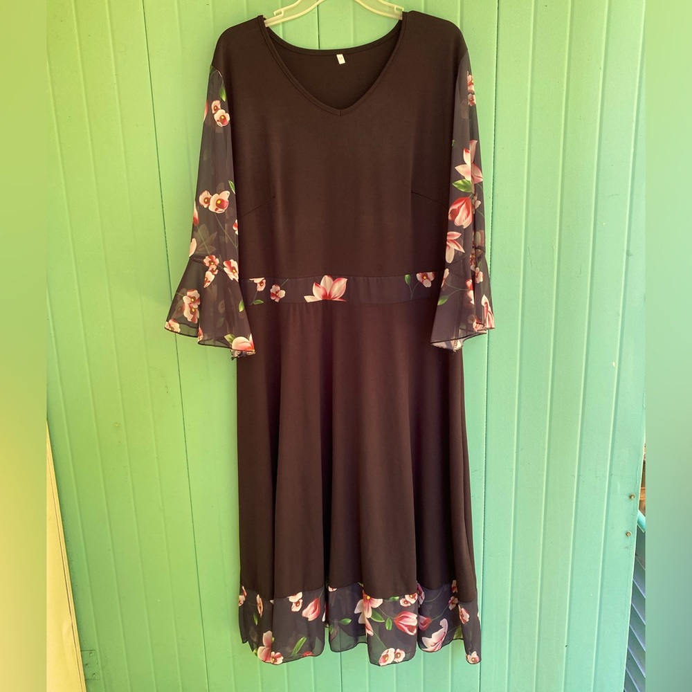 Black dress with floral trim, size 3X